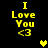 Yellow pixelated text "I Love You <3" on black background with animated heart symbols appearing and changing color.