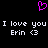 A static pixel art image with a black background, featuring a pink heart symbol above repeated white text reading "I love you Erin <3".