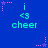 Blue background with repeating cyan text 'i <3 cheer' and pink/purple star-shaped pixel clusters in four corners.