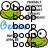 Green frog face with pink cheeks, large white eyes, and black pupils; blue 'Beboop' text above a of black 'boop' letters on white background
