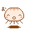 Pixel art contact sheet of seven animated frames showing a round rice ball character with changing expressions and Japanese text above its head, standing on brown ground against gray background.