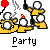 Pixelated cartoon figures in yellow shirts dance around a small fire with red flames, holding red balloons and black bottles, with 'Party' text below.