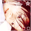 A person's face partially covered by hands with red and white striped background, white squares, and star icons.