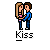 Pixel art of two figures kissing, each wearing blue tops and dark pants, with long light brown hair on one figure, under the text 'Kiss' on a gray background.