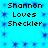 Pixelated text reads "Shannon Loves Sheckler" on a cyan background with purple star-like patterns, repeated in two identical vertical sections.