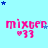 Pixelated pink text 'mixter' with heart-eyes emoticon '♥33' below, surrounded by blue and light-blue stars on a cyan background.