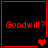 Red pixelated text 'Goodwill?' on black background with red border, accompanied by heart symbols in various configurations.