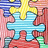 A pixelated static image shows a light blue puzzle piece with yellow top section against pink and red background.