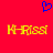 Red background with blue pixelated heart above two identical yellow pixelated text strings reading 'K-Rissi' in a retro digital style.