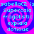 Pixelated text arranged in four identical quadrants on a blue background with pink spiral patterns, each quadrant containing the same sequence of words.