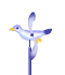 Animated bird icon with blue and white plumage, yellow beak and feet, rotating on a vertical pole against white background.