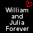 Pixelated text reads 'William and Julia Forever' with a red heart symbol above the left side, displayed on black background.