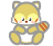 Pixelated yellow animal with red stripes on tail, white chest patch, and pink cheeks in four poses: front-facing, side-left, back, side-right.