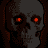 Nine pixelated skulls with red eyes arranged in a on a dark red background, each skull showing distinct grayscale shading variations