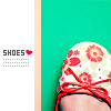 A static image shows a shoe with a floral pattern and red bow against a teal background, with 'SHOES' text and heart symbol on the left.