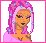 Pixel art character with pink hair and blue accessories, wearing a striped top and blue jeans with heart patches, shown in multiple views including full body and text variations.