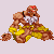 Pixelated character in yellow pants and white chest armor with red head markings, shown in multiple poses on a light purple background.