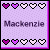 Animated contact sheet of six AIM buddy icons featuring the name "Mackenzie" with changing heart patterns on a purple dotted background, each icon bordered in pink and containing two rows of pixelated hearts above and below the text.