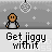 Pixel art character with brown head and gray body in multiple poses beneath repeated text "Get jiggy witit" on a starry background.