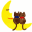 A pixelated character with brown fur, blue and red facial markings, and orange accents stands on a yellow crescent moon against a white background.
