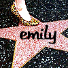 A star-shaped icon with a glittery pink surface displays the name 'emily' in black script, with a high-heeled shoe on a foot above the star.