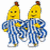 Two yellow banana-shaped cartoon characters in blue-and-white striped pajamas stand side-by-side with arms crossed, next to blue pixelated text reading "down the stairs" on a white background.