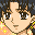 Pixelated 32x32 animated contact sheet showing two frames of a character with dark hair, large eyes, and sparkles on their clothing against a gray background.