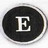 Black oval-shaped icon with white border containing large white serif capital letter E on dark background.