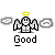 Pixel art character with angel wings and halo in white, pink, or red clothing; text labels 'Good' or 'Bad'; flame props; animated changes to wings, halo, clothing color, and flame count.