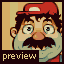 Pixelated character with red cap, dark curly hair, large eyes, and thick mustache wearing light blue shirt against beige background.