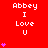 Red background with white text 'Abbey I Love U' repeated in a pattern, pink heart symbols scattered around the text