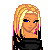 Pixel art of a blonde woman with blue eyes, wearing black clothing and pink hair highlights, displayed in three separate showing head, torso, and legs