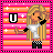 Pixel art of a blonde character in white top and checkered shorts holding a martini glass against pink-orange striped background with star patterns.