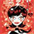 Pixelated character with dark hair and white face against red background, wearing dark clothing with white accents.