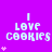 Pixelated text "I LOVE COOKIES" on purple background with pink heart symbols, varying in number and position across frames.