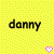 Yellow and white pixelated background with "danny" text in black and pink, two pink hearts on yellow side, one heart on white side.