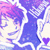 Pixelated anime-style character with pink hair and closed eyes, smiling, holding a purple heart against a blue background with white outlines.