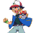Two side-by-side pixelated frames of a cartoon character holding a Poké Ball, wearing a red-and-white cap and blue jacket over green shirt with light pants.