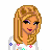 Pixel art character with blonde hair wearing a white crop top and shorts covered in colorful flowers, standing against a gray background.