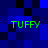 Four identical green 'TUFFY' text elements arranged in a on a blue and black pixelated background with no visible animation changes