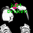 Pixelated skeletal figure with pink heart on chest, green text above head changes across frames, black background with skeletal ribcage visible below.