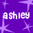 Purple background with light purple starbursts and repeated white text 'ashley' in pixelated font across three positions.