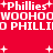 Red background with white pixelated text and plus signs, featuring repeated 'Phillies' and 'WOOHOO' phrases in a -like arrangement