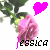 A static image of a pink rose with green leaves, a bright magenta heart symbol above it, and the name "Jessica" in black text below.