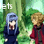 Pixelated anime-style animation of two characters in a forest, with text changing from 'lets' to 'lets just' to 'stay here' across frames.