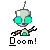 Pixelated alien character with large green eyes and antennae, arms raised in a 'zoom' pose against gray background.