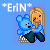 Pixel art contact sheet showing five frames of an animated buddy icon featuring a blonde girl holding a blue teddy bear with varying text and color effects.