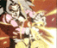 Animated character with white hair and pink armor emits golden energy beams from hands against red background.