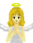 Pixelated angel with blonde hair, yellow halo, white wings, and light gray dress in four variations showing eye and hand pose changes.