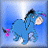 A 48x48 pixel animated buddy icon featuring a blue cartoon donkey with pink tail and black mane against light blue background, paired with text "EYORE" in bold black letters on solid blue background.